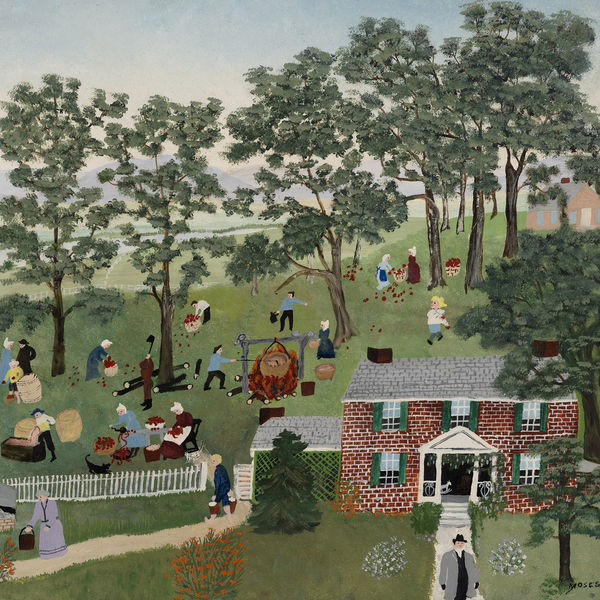 painting by Grandma Moses in a folk art style showing an outside view of a rural farmstead, with lush green grass and a red checkerboard home at right. people are making apple butter outside over fire