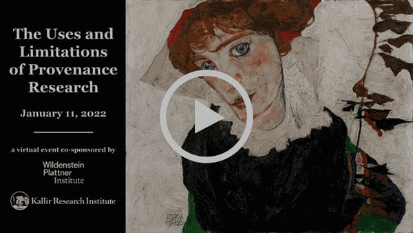 A video play button is centered over event title text and a painting of a red-haired woman by Egon Schiele