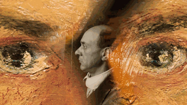 A zoomed in detail of a set of eyes rendered in orange oil paint, while a black and white photograph of a bald white man in profile is superimposed at the center between the eyes
