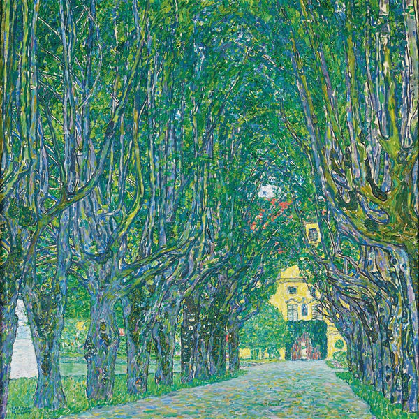 A square-format oil painting by Gustav Klimt of a lush green tree-lined path in a park, which leads to a yellow building in the distance