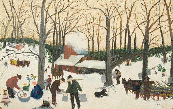 A panoramic-style oil painting by Grandma Moses of people tapping maple trees and boiling syrup in a snowy landscape punctuated by barren trees and a barn