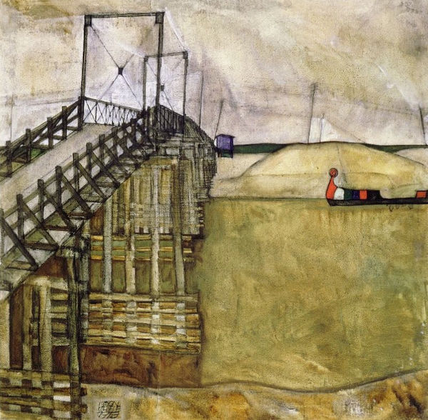 Square-format oil painting by Egon Schiele depicting a wood bridge in shades of green and tan