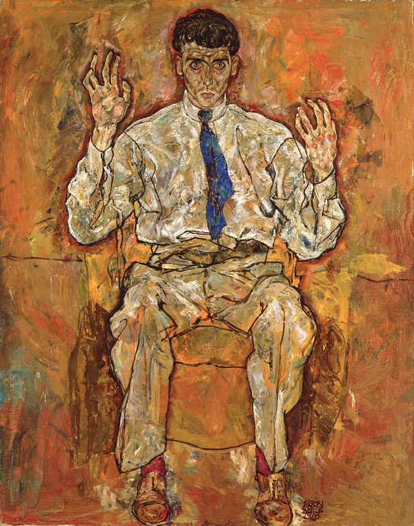 A frontal oil portrait by Egon Schiele depicting the artist Paris von Gutersloh sitting before an ambiguous orange background