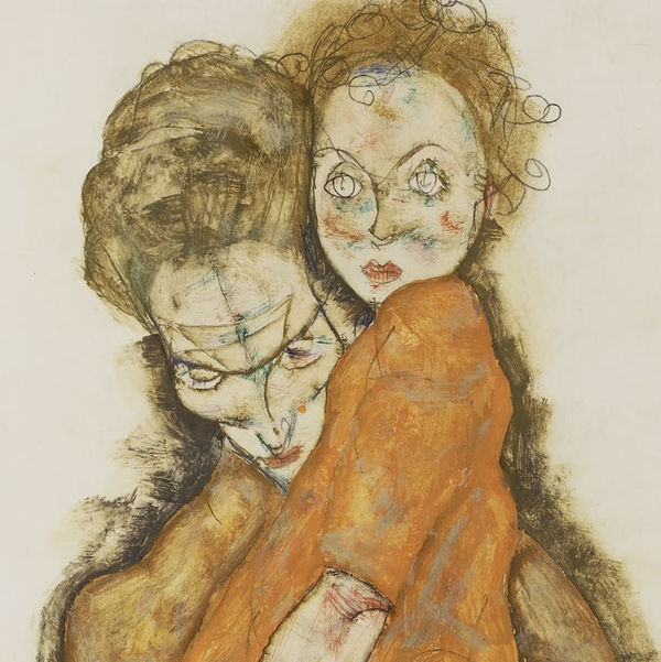 Detail of an Egon Schiele watercolor on paper showing the angular head of a brunette mother, glancing downwards, who holds a young red-haired daughter who gazes directly at the viewer