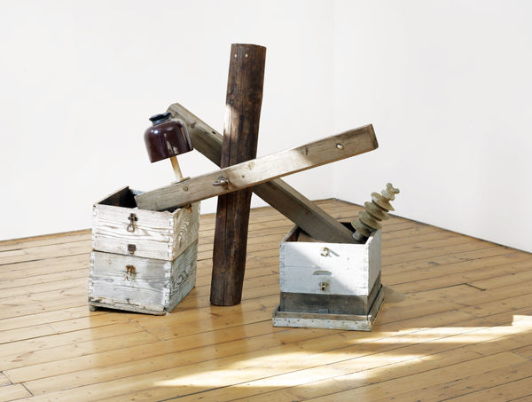 Micol Assaël Preferirei Di No (I Would Prefer Not) 2013 wood, ceramic insulators, beehives and sand 128 x 74 x 140 cm