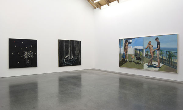 Installation View. (From left to right) Ross Bleckner, Swordflower, 1985, Collection of the artist. Ross Bleckner, The Spoilous, 1981, Collection of the artist. Eric Fischl, Dog Days, 1983, Hall Collection. Photo: Gary Mamay