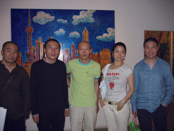 Xue Song with Zeng Hao, Yue Minjun, Yu Er and Qu Fengguo during his solo exhibition at Dimensions Art Centre, 2006