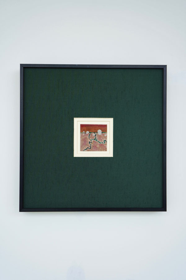 Luyin Cao Distant Hill, Near Sea Chinese lacquer, eggshell, silver powder, silver leaf, copper Image size:5 × 5 cm; Framed with Chinese brocade: 27.5 × 27.5 cm £960