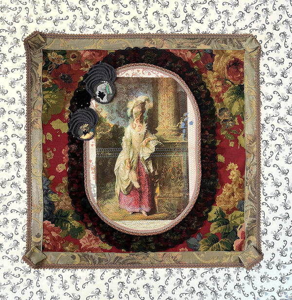 Ornament I, Family Portraits Series, 2024 Textile, paper, prints, embroidery, fabrics, mixed media, linoleum engraving