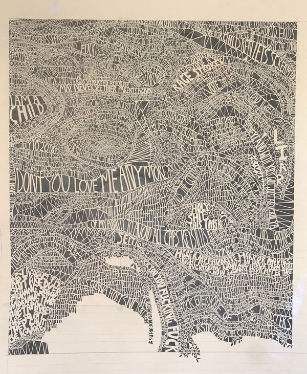 handcut paper, acrylic, and watercolor