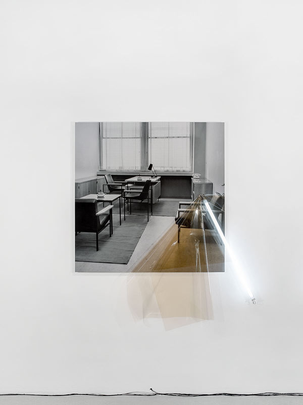 Untitled (Archive ST3: Military Hospital), 2017 Inkjet print on archival paper mounted on aluminum composite panel, colour correction filter, fluorescent light tube, electrical fittings / archival photograph