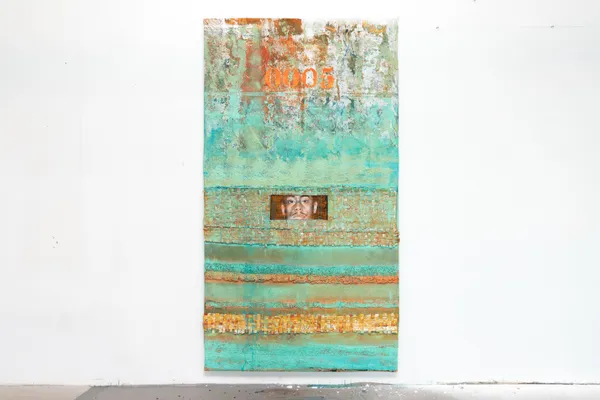 Russell Craig 0005, 2025 Acrylic, paint primer build up, ramen noodle packaging, layered canvas, ground ramen noodles, pastel on stretched canvas Canvas: 89 x 49 inch Optional Prison Barter String Set (not pictured): dimensions variable