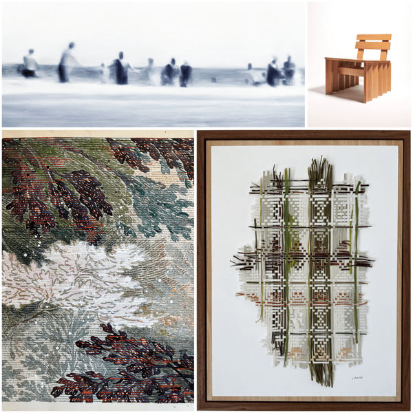 Clockwise from top left, Gale Antokal, Group Shot 1, 2007, pastels, 27 x 69 inches.jpeg; Libby Raab, Forest Floor, 2024, Hot Press Fine Art Paper, Paper Raffia, 21 x 13 inches; Reneģe Bott, Study Trees, 2019, acrylic On Book Pages Mounted To Japanese Paper, 24 x 19 inches; Hanneke Lourens, Lounge Chair, from the Corrugated Collection, 2024, white oak, 26 ½ x 25 x 23 inches.