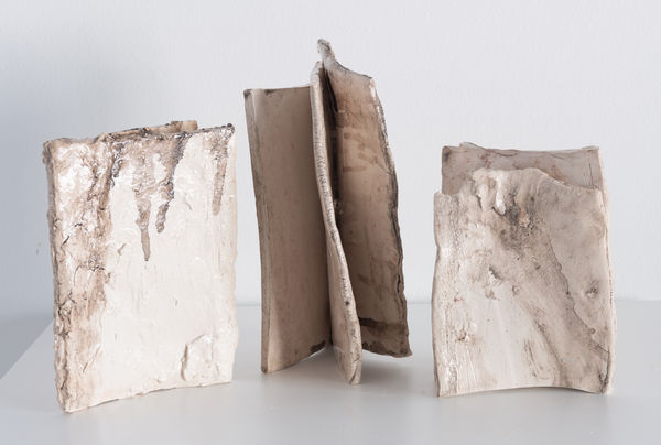 Wasfi Al-Hadidi Family book series, 2025 Clay with glaze 20 x 16 x 120 cm 22 x 17 x 9 cm 28 x 20 x 13 cm