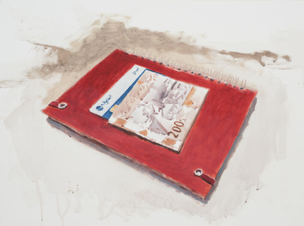 Asma Sami Red Notebook , 2025 Acrylic on board 46 x 61 cm