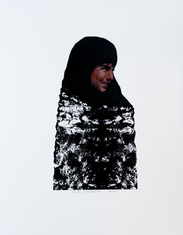 Salem Mathkour Sorrow, 2026 Acrylic painting and digital print on paper 47 x 35 cm