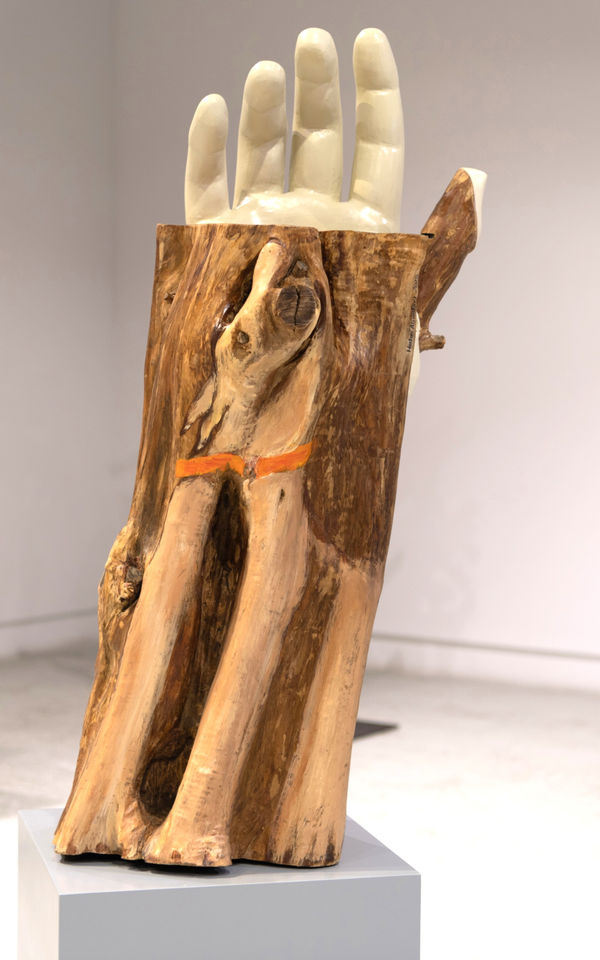 Hala Al Jaafari When Roots Travel, 2025 Wood and Clay 95 x 31 x 25 cm