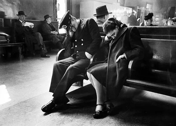 Esther Bubley, Bus Story. Greyhound Bus Terminal, 245 W. 50th St, NY, NY -- Sleeping Passengers in the Terminal Waiting Room, 1947