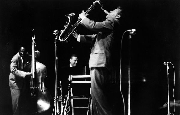 Sy Kattelson, Milt Henton on bass, Ted Napoleon on piano, and Eddie Shu on sax at 1st Newport Jazz Festival, 1954