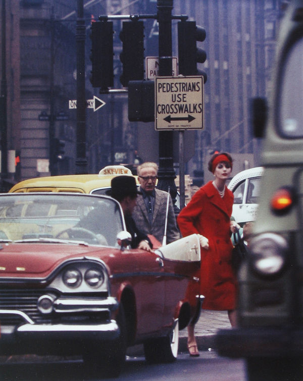 William Klein, Anne St. Marie + Cruiser in Traffic, NY (Vogue), 1962