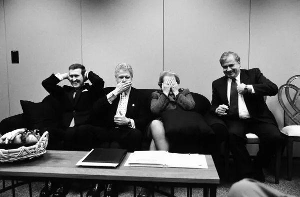 Diana Walker, "Hear no evil..." - Secretary of Defense Cohen, President Clinton, Secretary of State Madeleine Albright and National Security Adviser Sandy Berger in a holding room prior to attending the NATO conference, the Ronald Reagan Building. 4/20, April 25, 1999