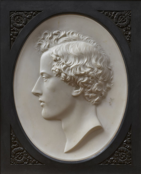 Alexander Munro Portrait of John Everett Millais (Southampton, 1829 - London, 1896), 1853 Marble relief, oval, in its original black slate setting 46 x 35cm Sold to Birmingham Museum and Art Gallery