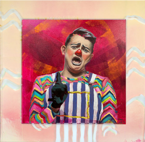 Toni-Lee Sangastiano Ringling Clown Last Show, 2021 Oil on aluminum panel, radiant light film, light-guiding acrylic, and LEDs 19 x 19 3/8 x 1.5 in.