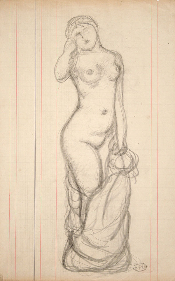 Aristide MAILLOL, Femme nue de face à la draperie, crayon sur papier / pencil on paper