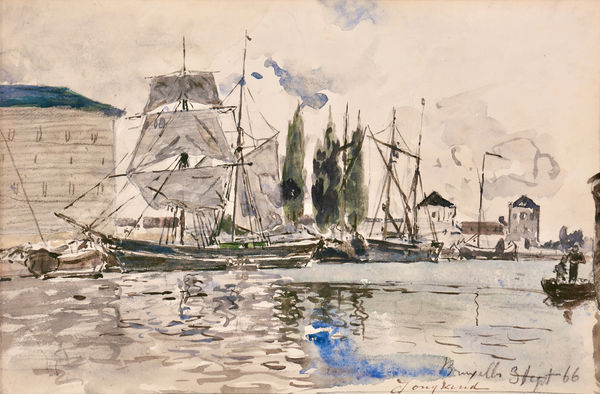 Johan Barthold JONGKIND, Bassin Vergotte à Bruxelles aux voiliers 1866, aquarelle et encre sur papier