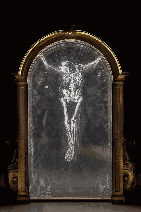 Gonzalo Borondo - Eter II (Cristo Gif), 2021, 216 x 124 x 35 cm, ten engraved layers of plexiglass