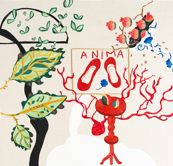 Amina Benbouchta - Anima, 2025 - Fils Anchor, fils Resham, fil Kasab, perles taillées, perles, pièce de coton sur toile de lin - 148 x 146 cm