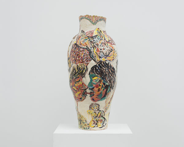 “Two Bodies Kissing” (2025), glazed earthenware sculpture by Karim Boumjimar, from Mouths, Vessels, Portals at Alice Folker Gallery.