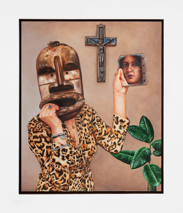 Nazanin Pouyandeh, Self-portrait with Crucifix and Leopard, 2025