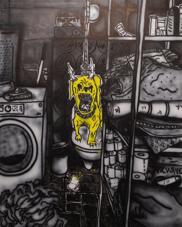 "Are you Wanking on the toilet? I can see movement through the keyhole!!",2025 150x120cm, Airbrush and oilpastel on canvas