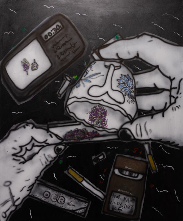 "P.O.V you are Addicted",2025 120x100cm, Airbrush and oilpastel on canvas