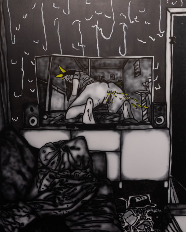 "Maybe i only need this",2025 150x120cm, Airbrush and oilpastel on canvas