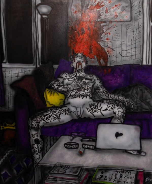 "Welcome home, a little late (colors)", 2025 120x100cm, Airbrush and oilpastel on canvas