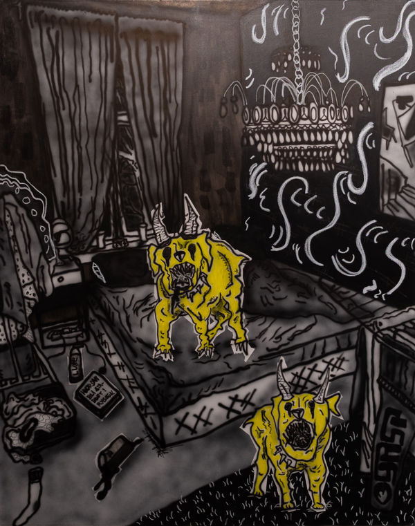 "You can sleep on the left side of the bed", 2025 150x120cm, Airbrush and oilpastel on canvas