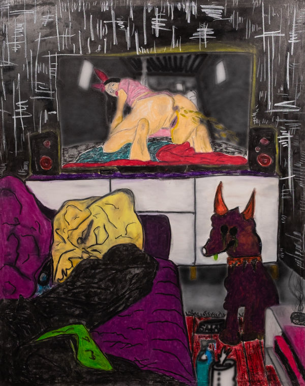 "I absolutely need just this”, 2025 150x120cm, Airbrush and oilpastel on canvas