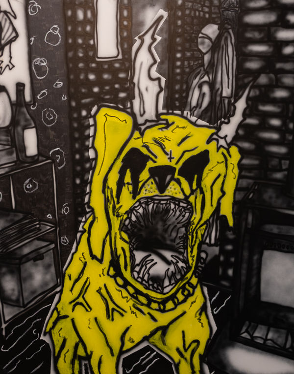 "Be careful. He's kind, but he can bite if he's abused for a long time, longer than you'd think", 2025 x cm, Airbrush and oilpastel on canvas