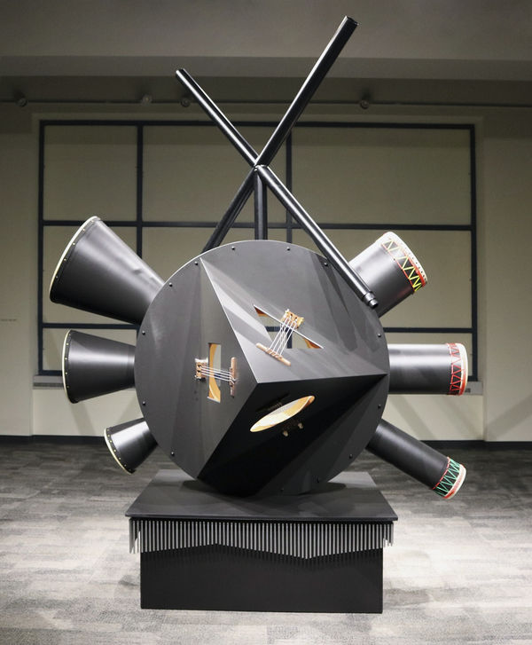 Resonator, 2018 wood, metal, leather, harp, chimes, drums, didgeridoos, acoustic and bass guitar, mandolin mechanisms and strings 314 x 242 x 228 cm