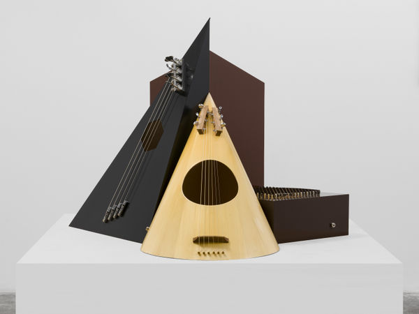 Resonator Strings, 2019 plywood, spruce, multiplex, paint, zither strings, bass guitar strings, guitar strings, cello strings, and mechanisms, amplification option 82 x 85 x 100 cm