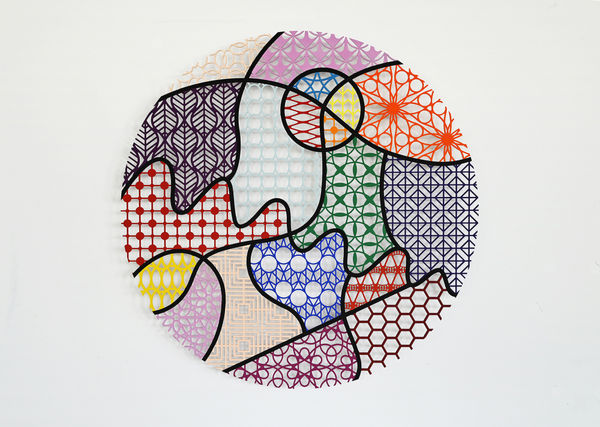 Pattern Kinship, forest trails spring, 2022 waterjet cut aluminum, acrylic paint ø 100 cm, d 0.6 cm