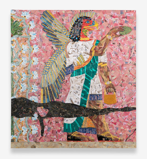 The invisible enemy should not exist (Northwest Palace of Kalhu, Room F, Panel F-11), 2023, Arabic-English newspapers, food packaging, cardboard relief sculptures on wood panel, museum labels, 224.6 x 203 x 9 cm