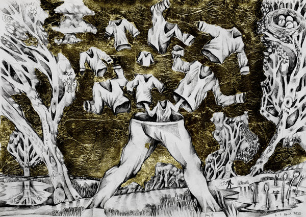 A landscape with walking pants and flying shirts, ponds and trees in the background