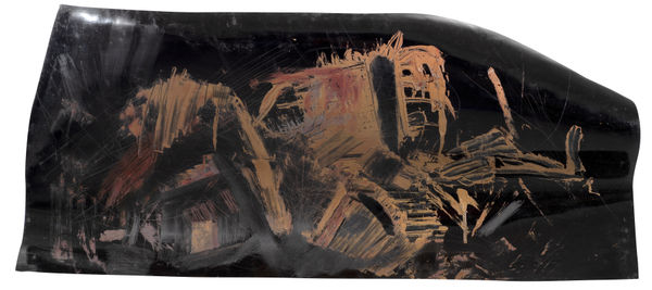 Painting on plastic, c.1958-60, oil on plastic, 60 x 135cm. The Gustav Metzger Foundation