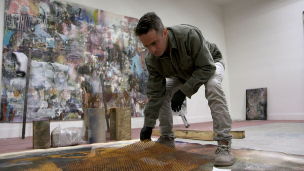 Liam Everett, Untitled (Hestia), 2025, ink, oil, sand on linen, 52 1/2 x 52 1/2 inches