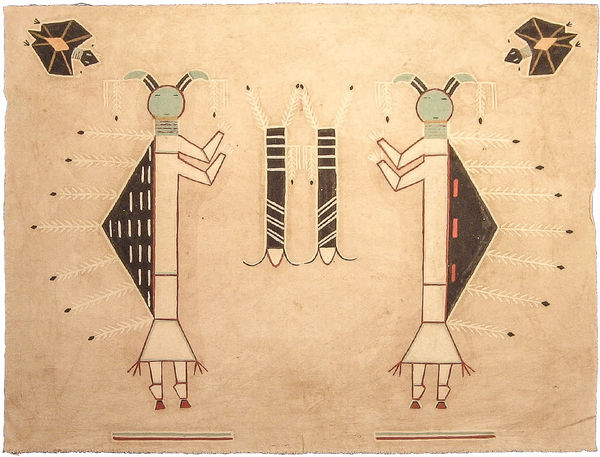Navajo Picture Writing on Muslin, "Two Bat People With Two Bat Guardians", c. 1947-1970