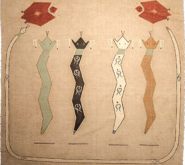 Navajo Picture Writing On Muslin, "Four Snakes With A Snake And Two Bat Guardians," c. 1947-1970s"