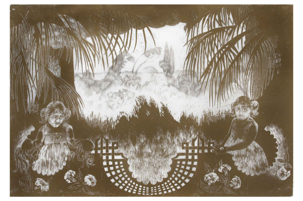 Tristessa: Reappearance of the Vanished Filicudi, In the Realm of Reverie, 2006 Three panel woodcut with silverpoint and goldpoint on frosted mylar 121.9 x 60.3 cm (48 x 23 13/16 inches) each panel